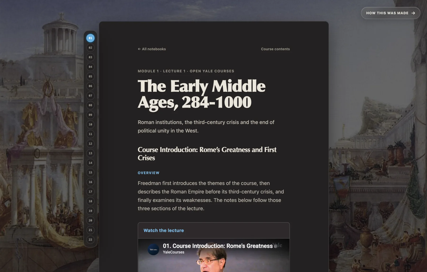 The Early Middle Ages notebook open on its first lecture