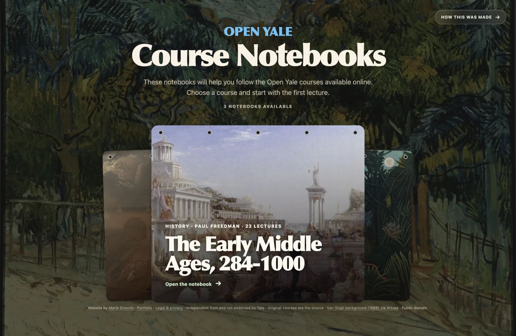 Open Yale Course Notebooks homepage with three illustrated course covers