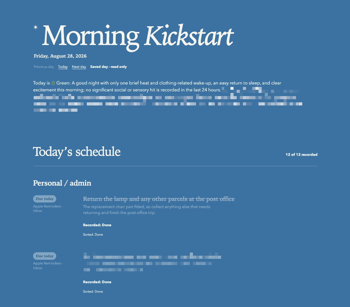 Morning Kickstart daily briefing in a blue theme