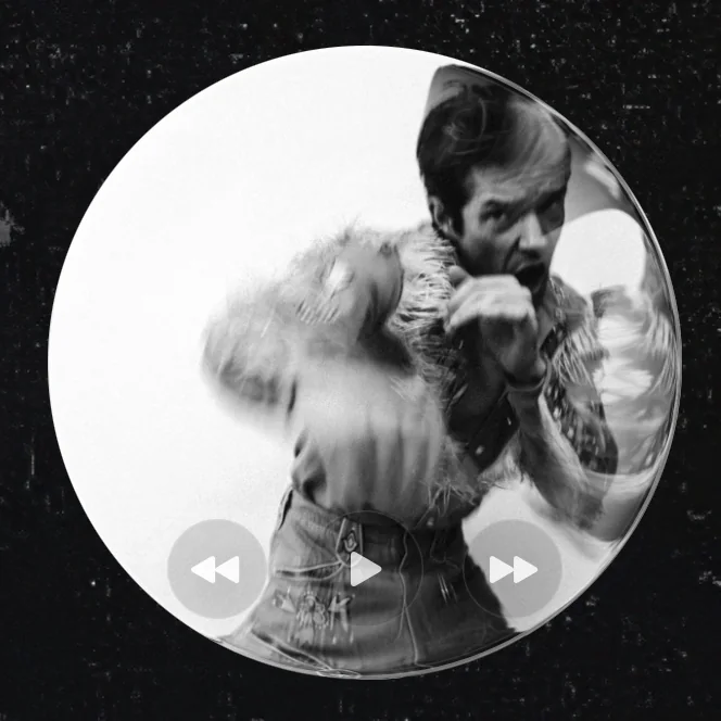 Round Music Widget displaying black-and-white artwork in a circular glass-like player