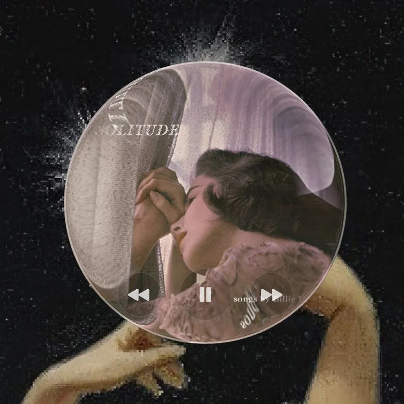 Round Music Widget displaying Billie Holiday's Solitude artwork in a circular glass-like player