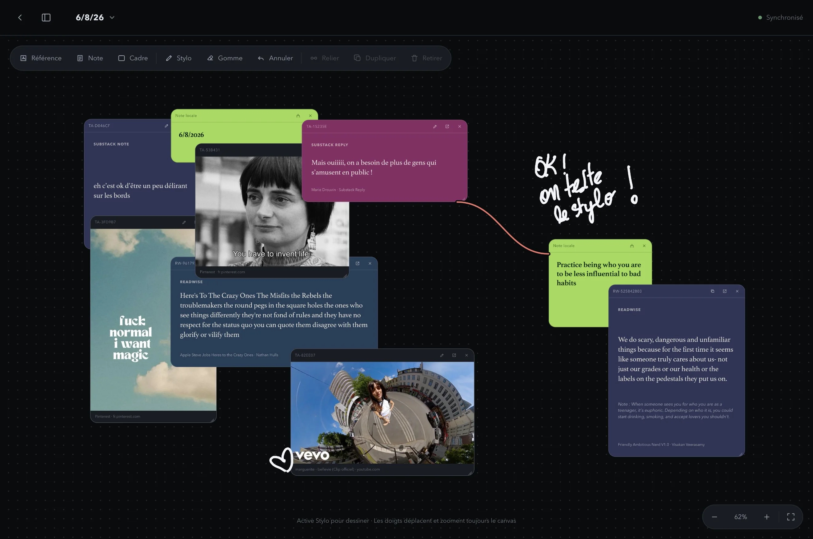 Taste Archive canvas connecting visual references and notes