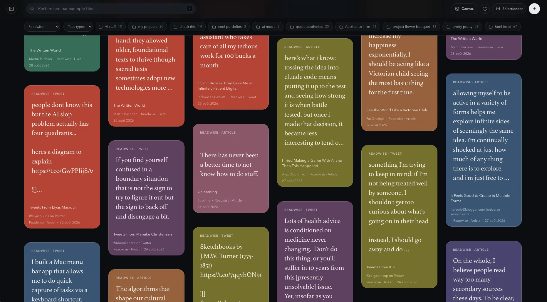 Taste Archive filtered to show only colourful text cards imported from Readwise